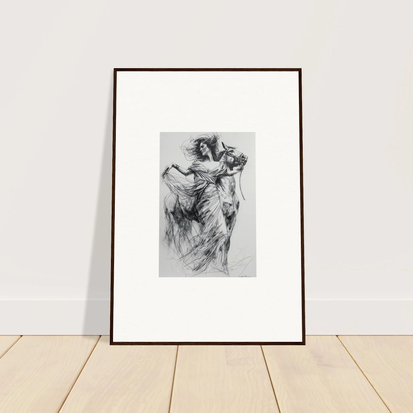 Framed black and white charcoal sketch of a dynamic dancing figure for Equestrian Ether Euphoria