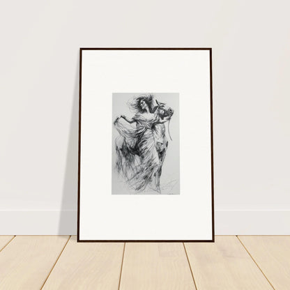 Framed black and white charcoal sketch of a dynamic dancing figure for Equestrian Ether Euphoria