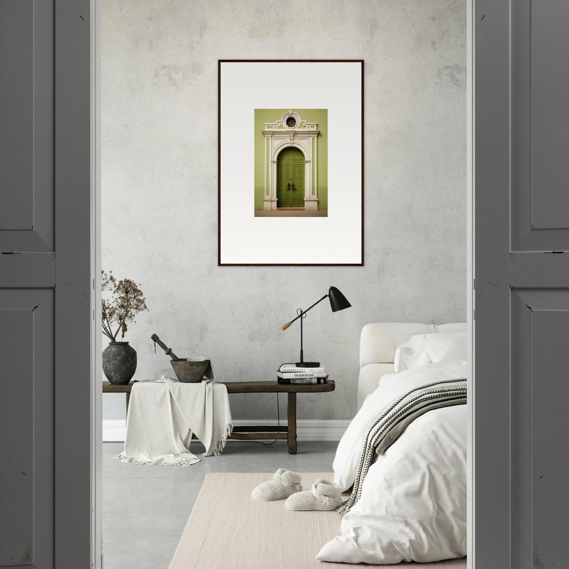 Framed arched green door art on gray wall from Verdant Sentry Whispers collection