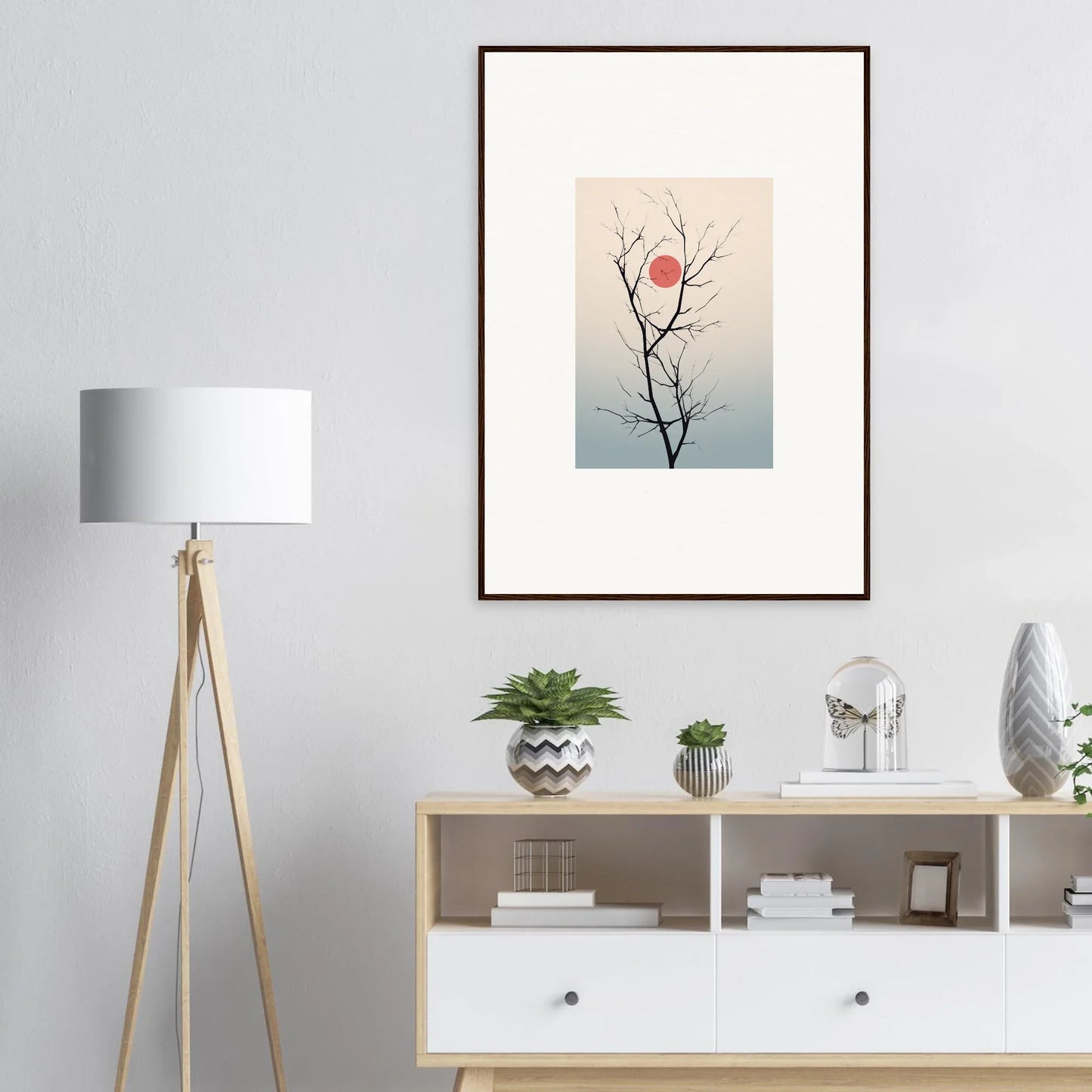 Minimalist wall art of bare tree branches at sunset, perfect for Serene Eclipse room decoration