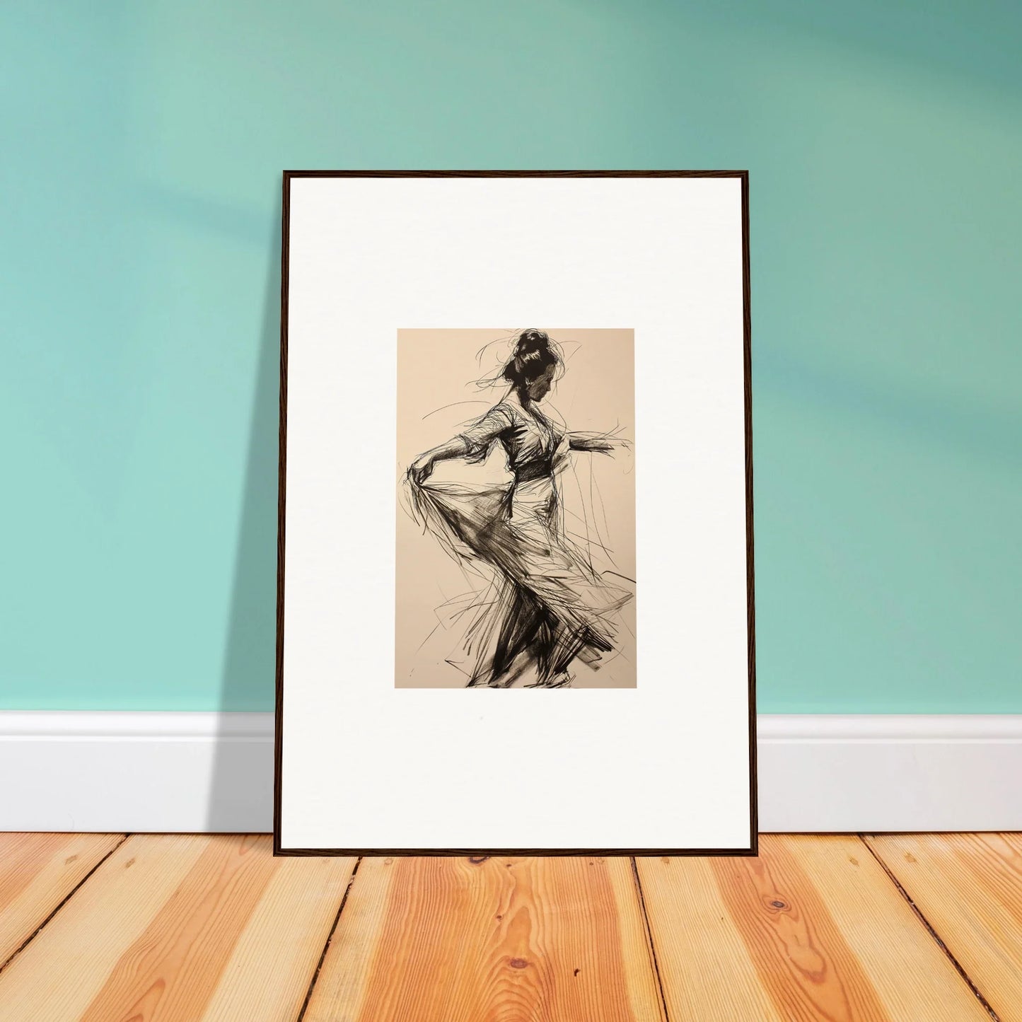 Framed wall art of a dancer in flowing fabric from Ephemeral Motion Whispers