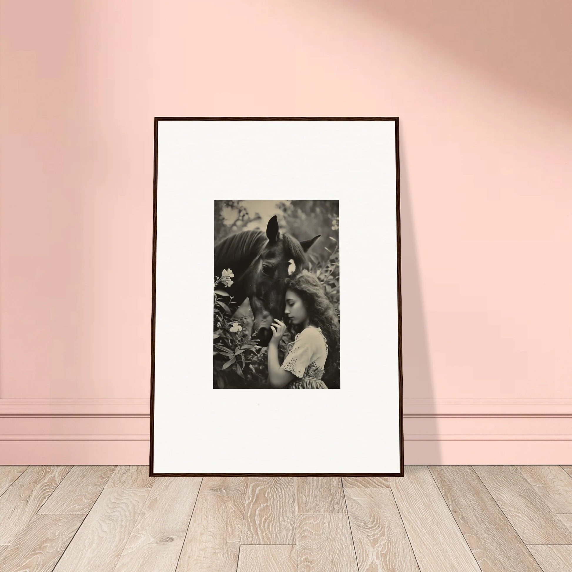 Framed black and white wall art of a person connecting with a bird, perfect room decoration