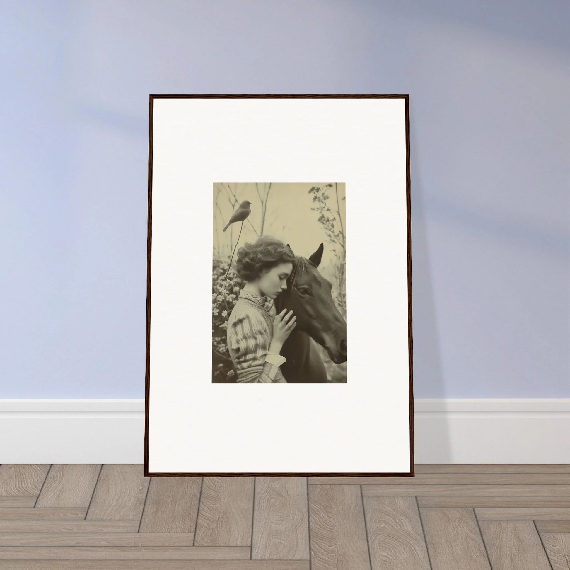 Framed vintage photograph of a person hugging a horse, perfect for room decoration wall art