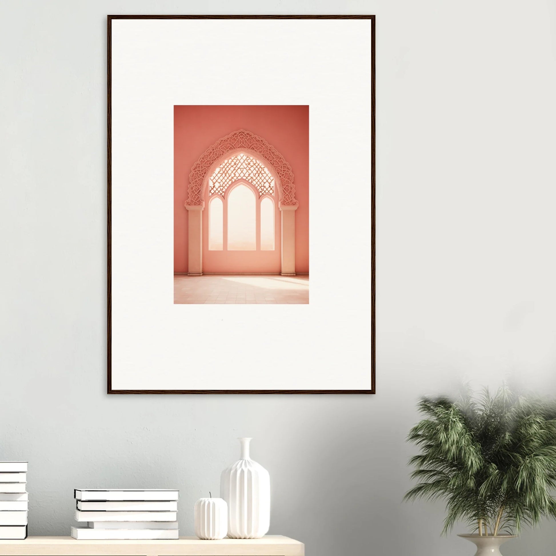 Framed wall art of ornate arched window in coral pink from Versaille Sunset Reimagined