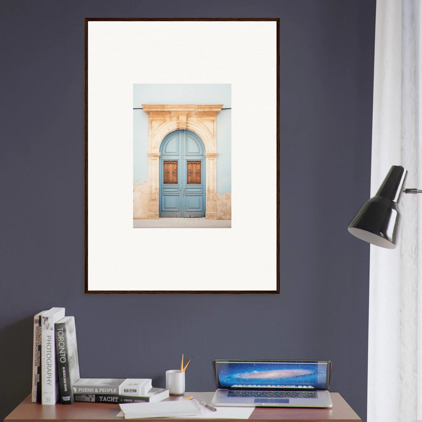 Framed art print of a pale blue vintage door in Threshold of Echoes for premium walls