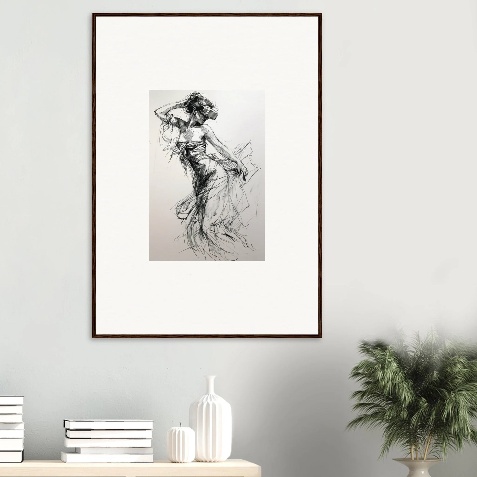 Framed black and white grace sketch of a dancer, featured in Virtual Grace Sketch