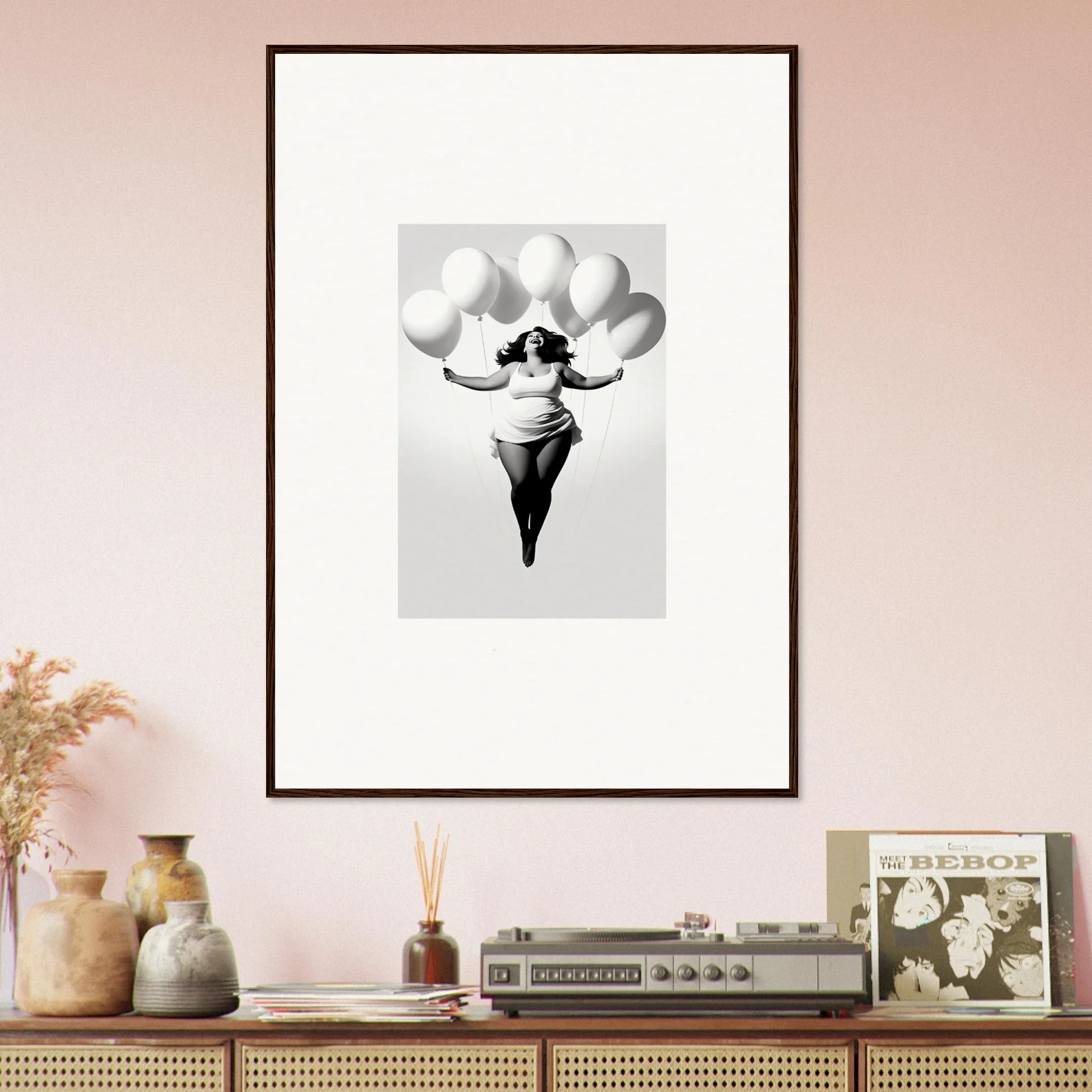 Framed wall art of a figure floating with balloons in Rosy Liberties Soar special edition