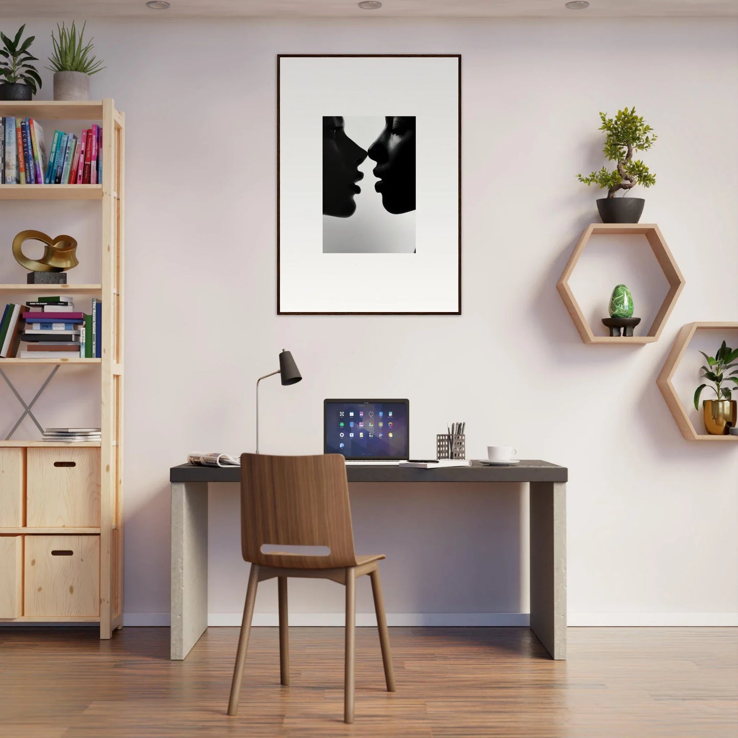 Modern home office with Narcissus Mirror Haze art and sleek dark desk setup