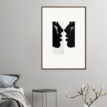 Framed black and white silhouette print of two profiles from Liminal Echoes special edition art