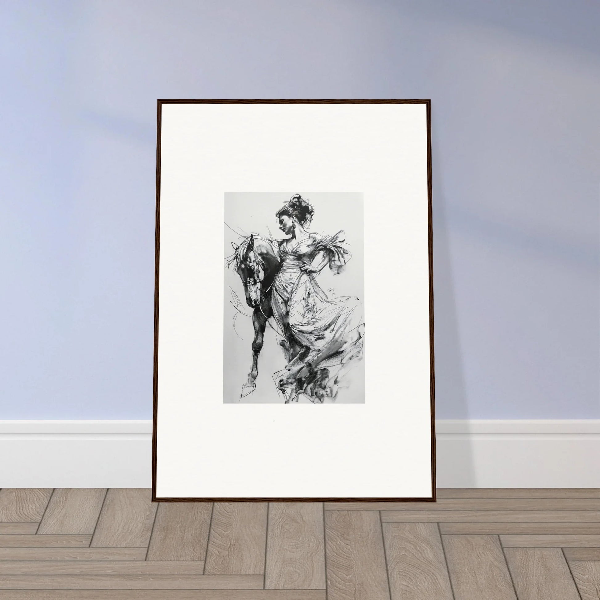 Framed black and white sketch of a horse and rider from Stardust Morph Whimsy