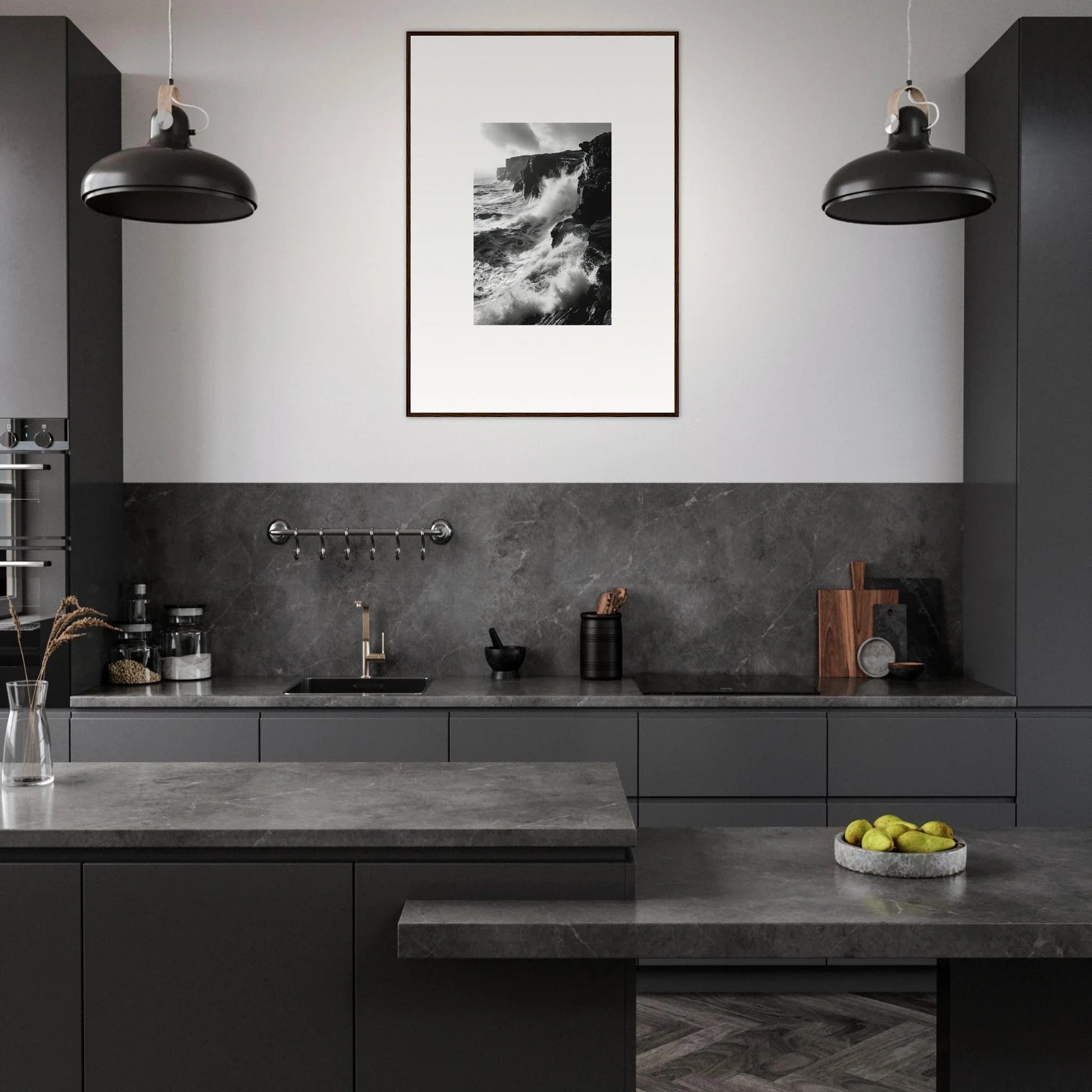 Modern dark gray kitchen with industrial lights featuring Rock Impressions art