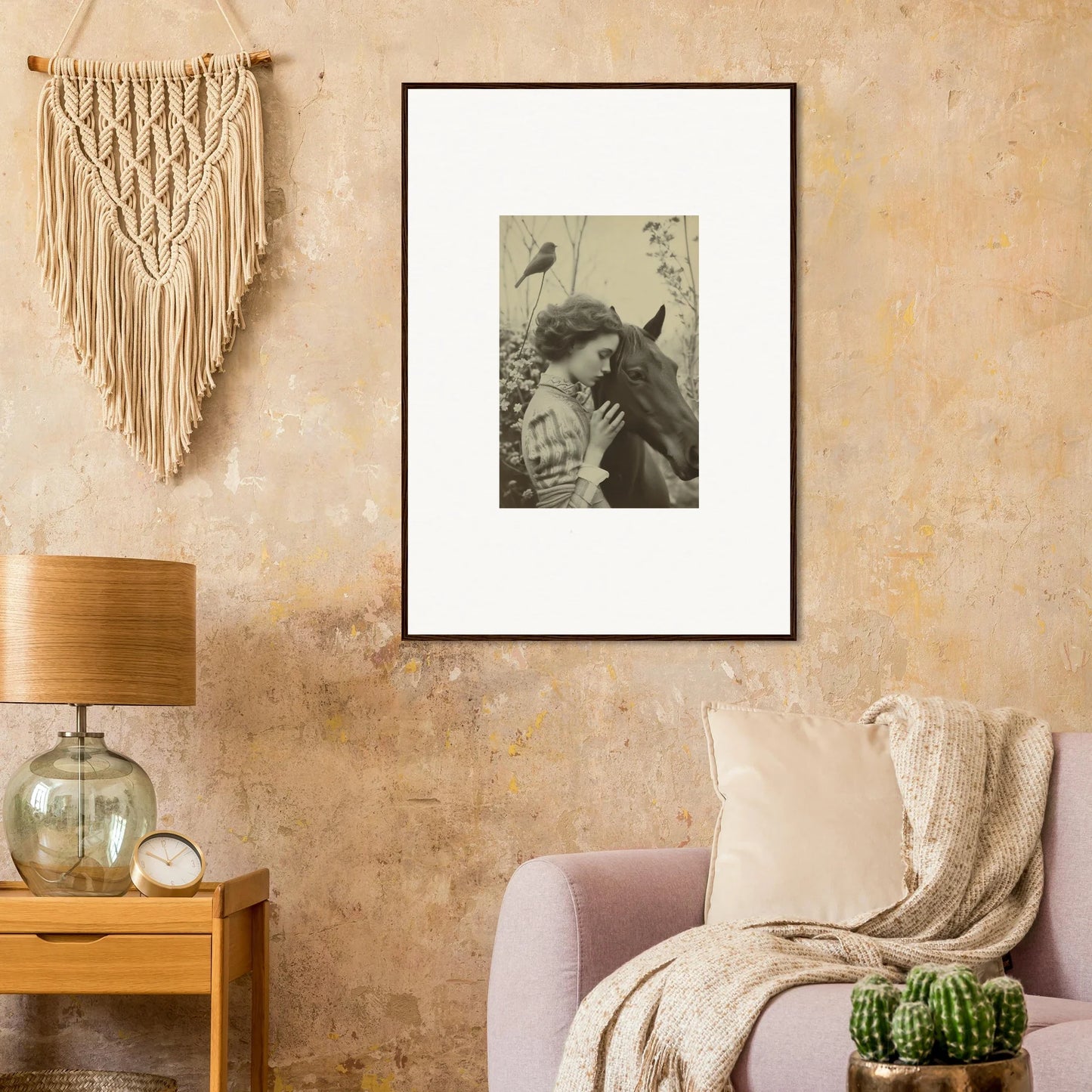 Framed black and white wall art of a person with a horse for stylish room decoration