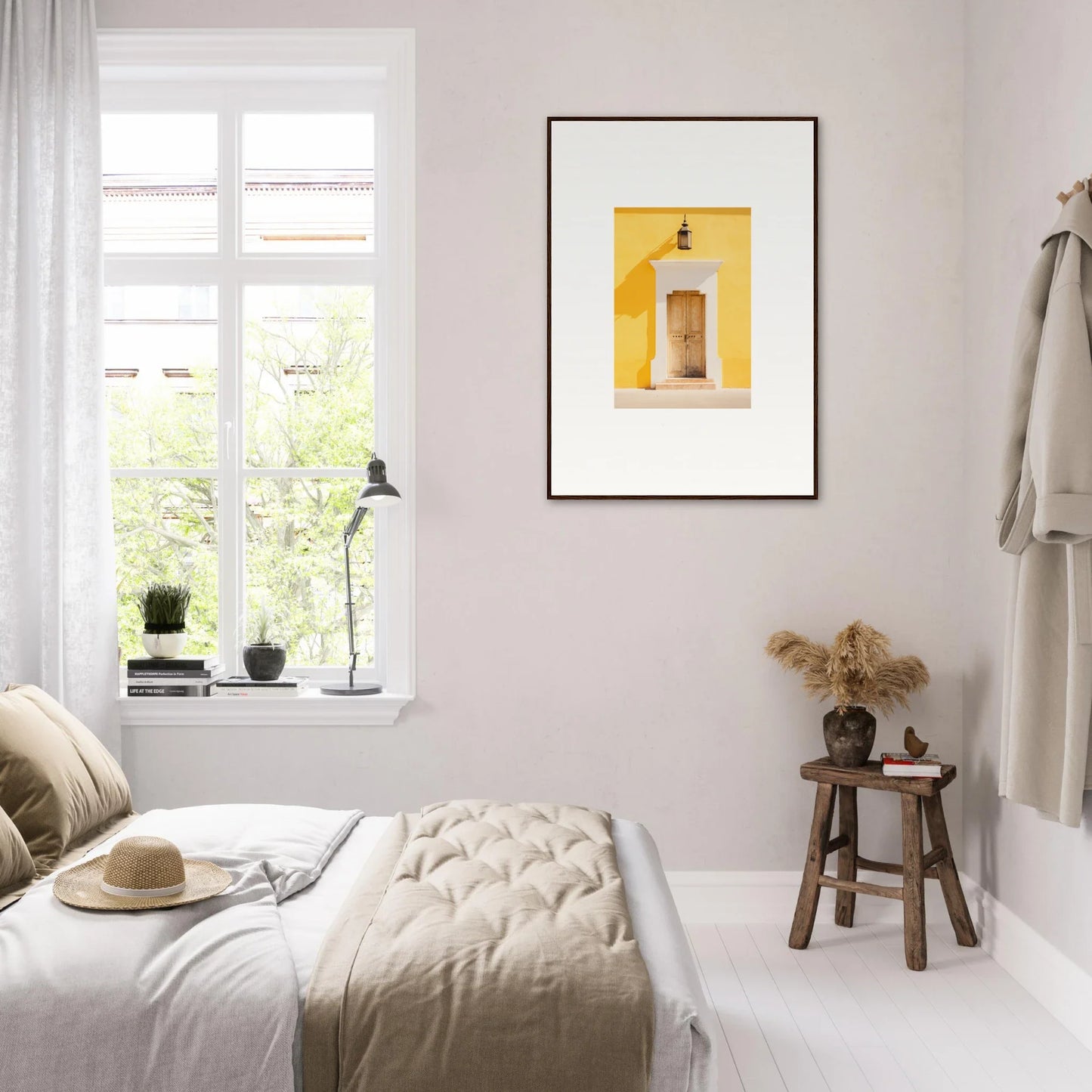 Bright minimalist bedroom featuring Golden Hue Portal framed wall art in neutral tones