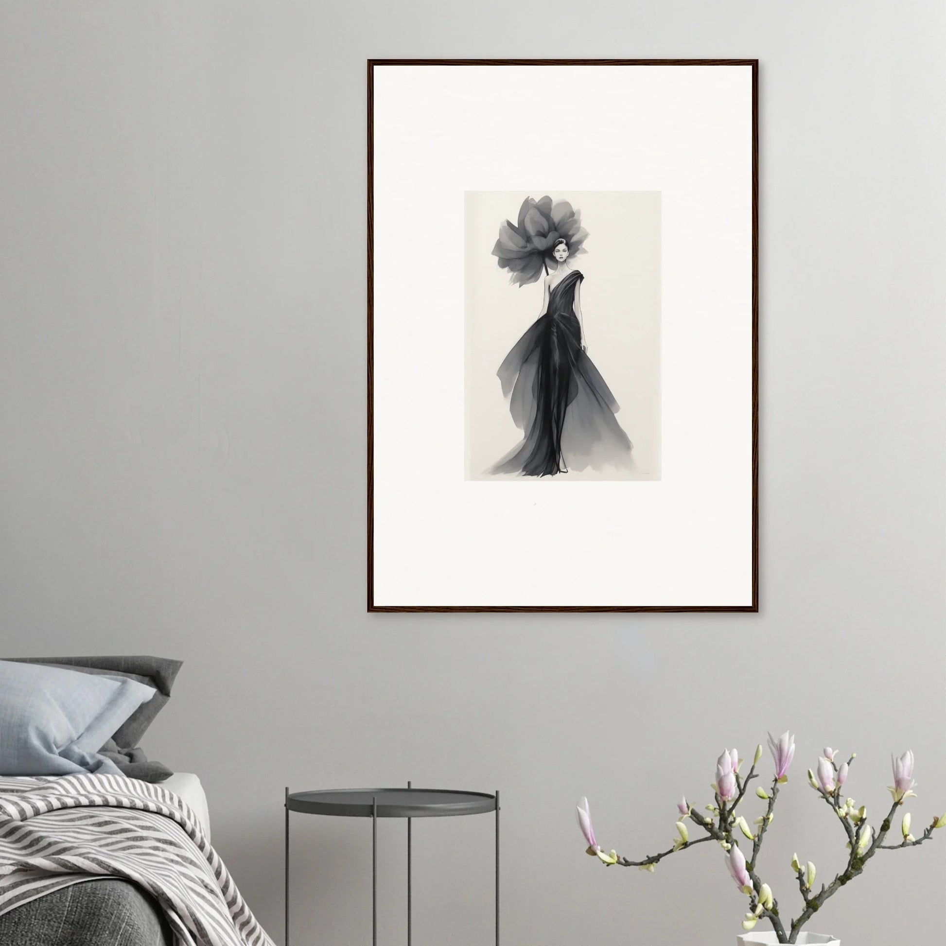 Elegant black and white watercolor figure in flowing dress for Curtain Bloom Dance art