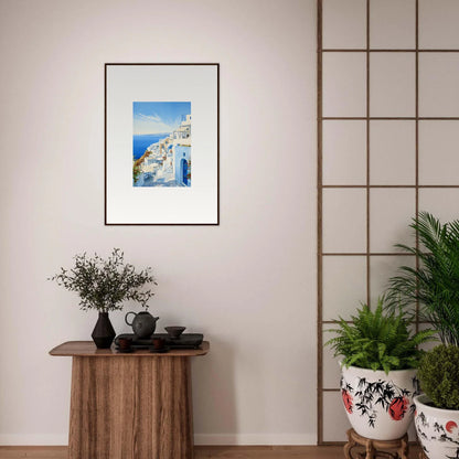 Framed photo of Santorini’s white buildings and blue domes for Mediterranean Serenity Remastered