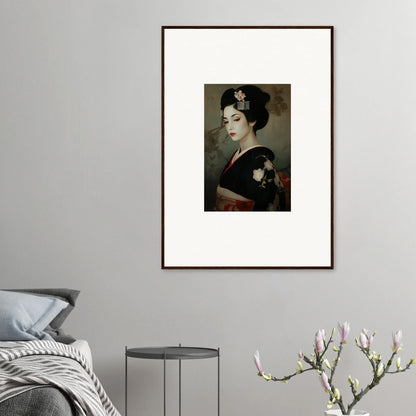 Framed wall art of a geisha in black kimono for Cherry Dream Surrealism collection