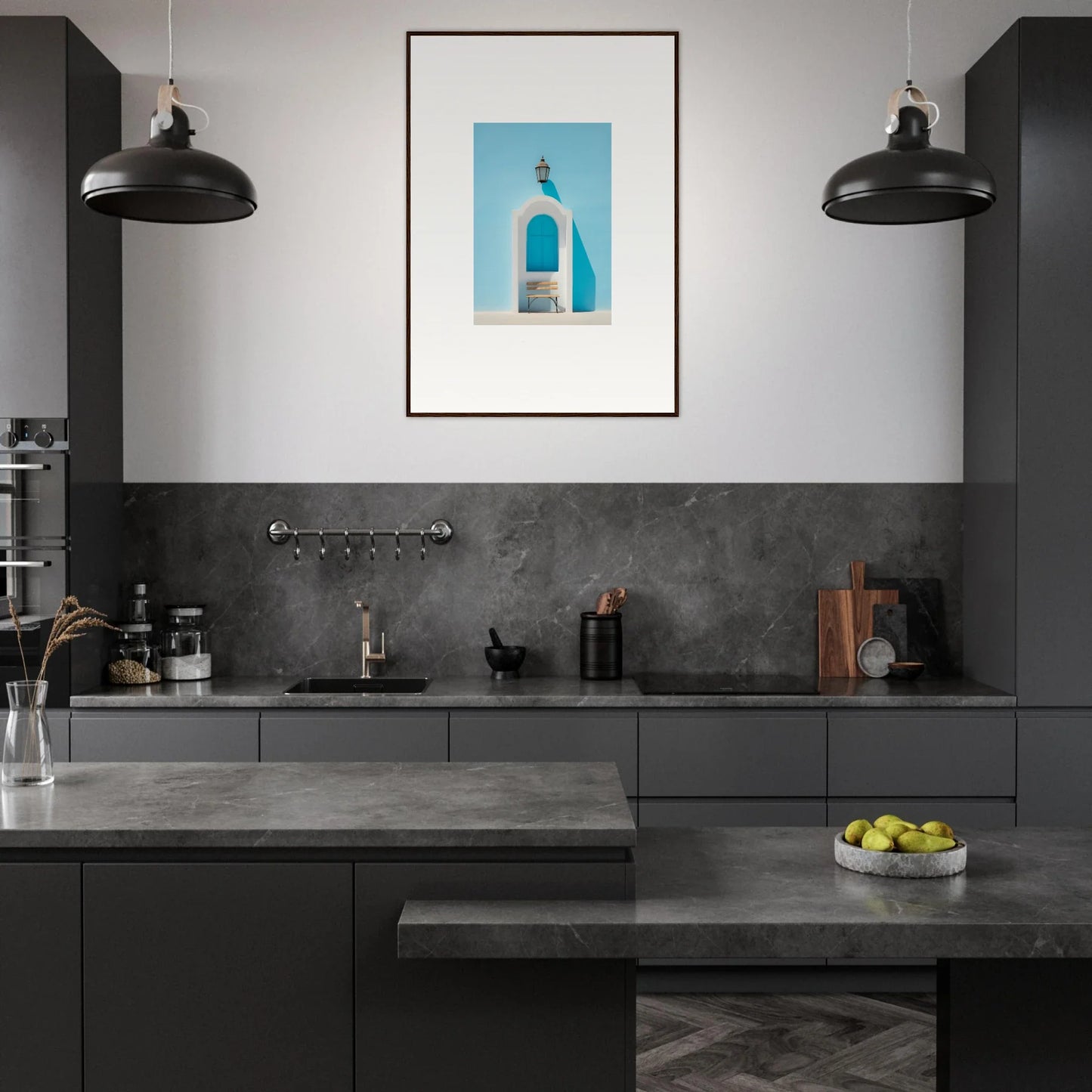 Modern dark gray kitchen featuring Ethereal Mediterranean Pause framed wall art and pendant lights