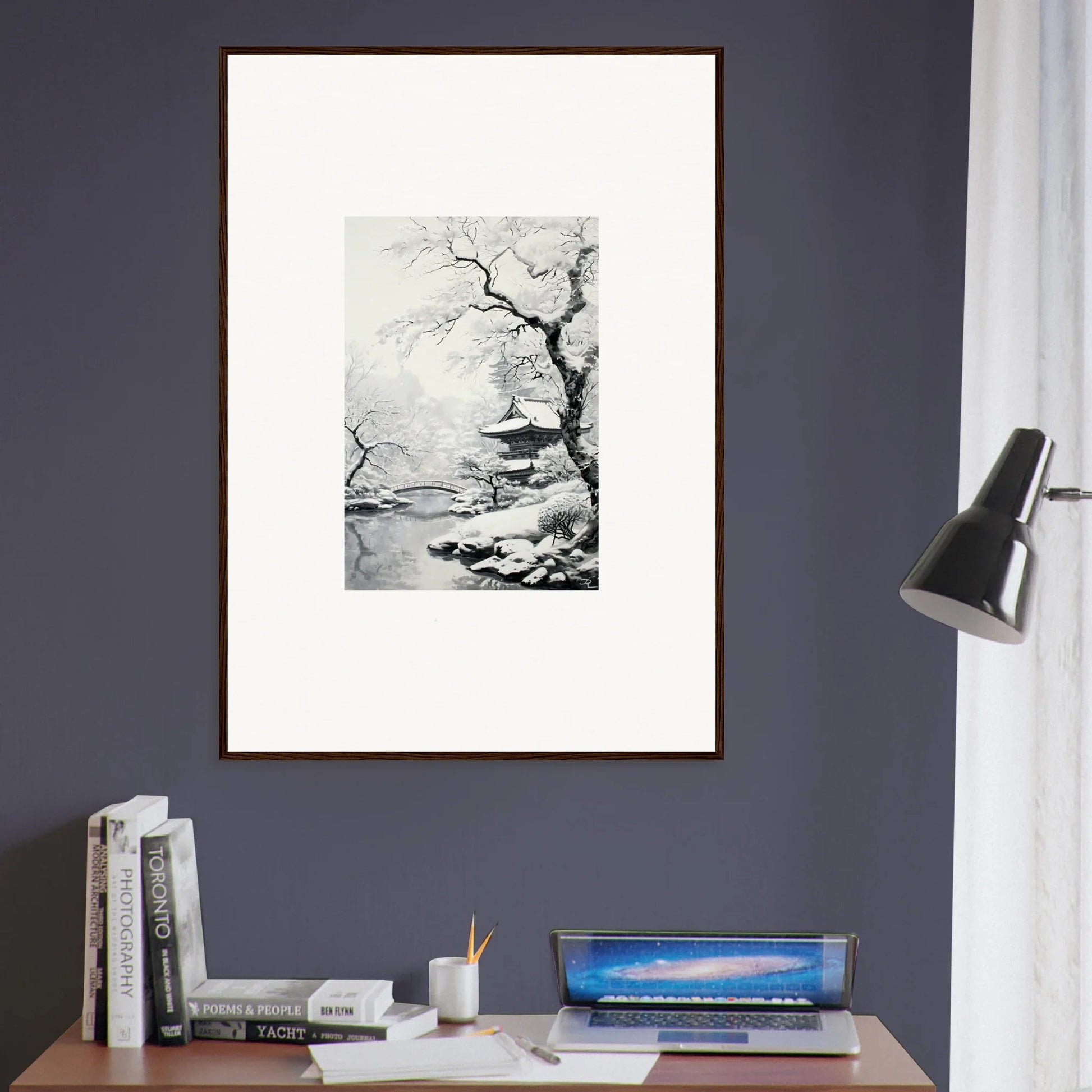 Framed black and white ink wash art of a bare tree in mist from Winter Embrace Whisper