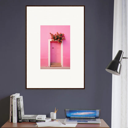 Pink door with red flowers above it, featured in Quantum Pink Serenade framed wall art