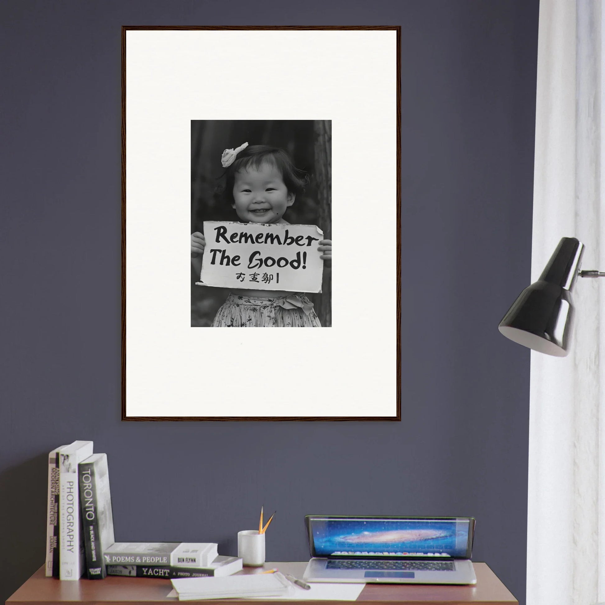 Framed black and white art piece from Innocent Memory Echoes with a motivational sign