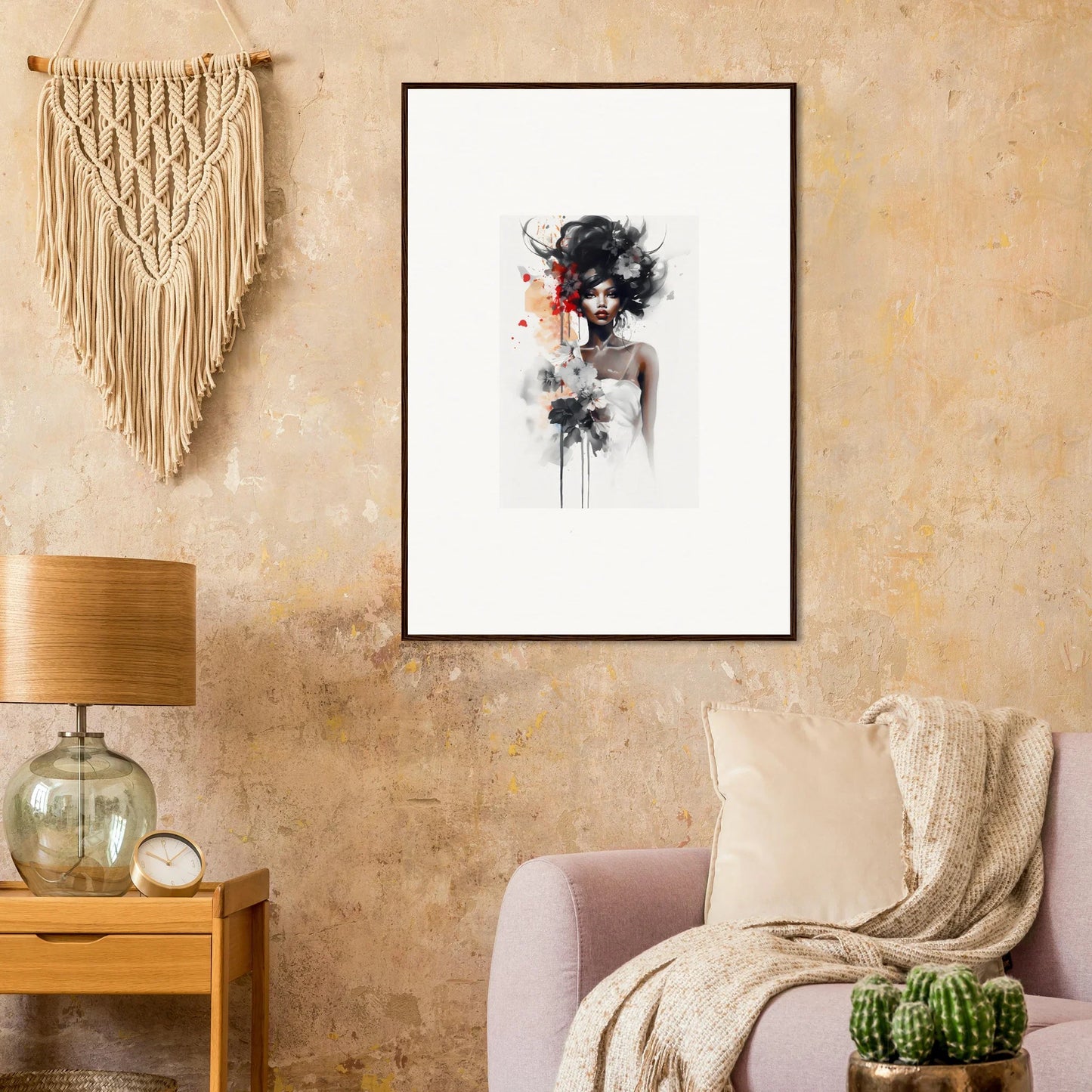 Abstract black and white watercolor art with red accents in Plume Sultry Reverie frame