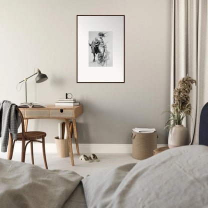 Minimalist bedroom workspace featuring a wooden desk from Minotaur’s Melodic Siesta