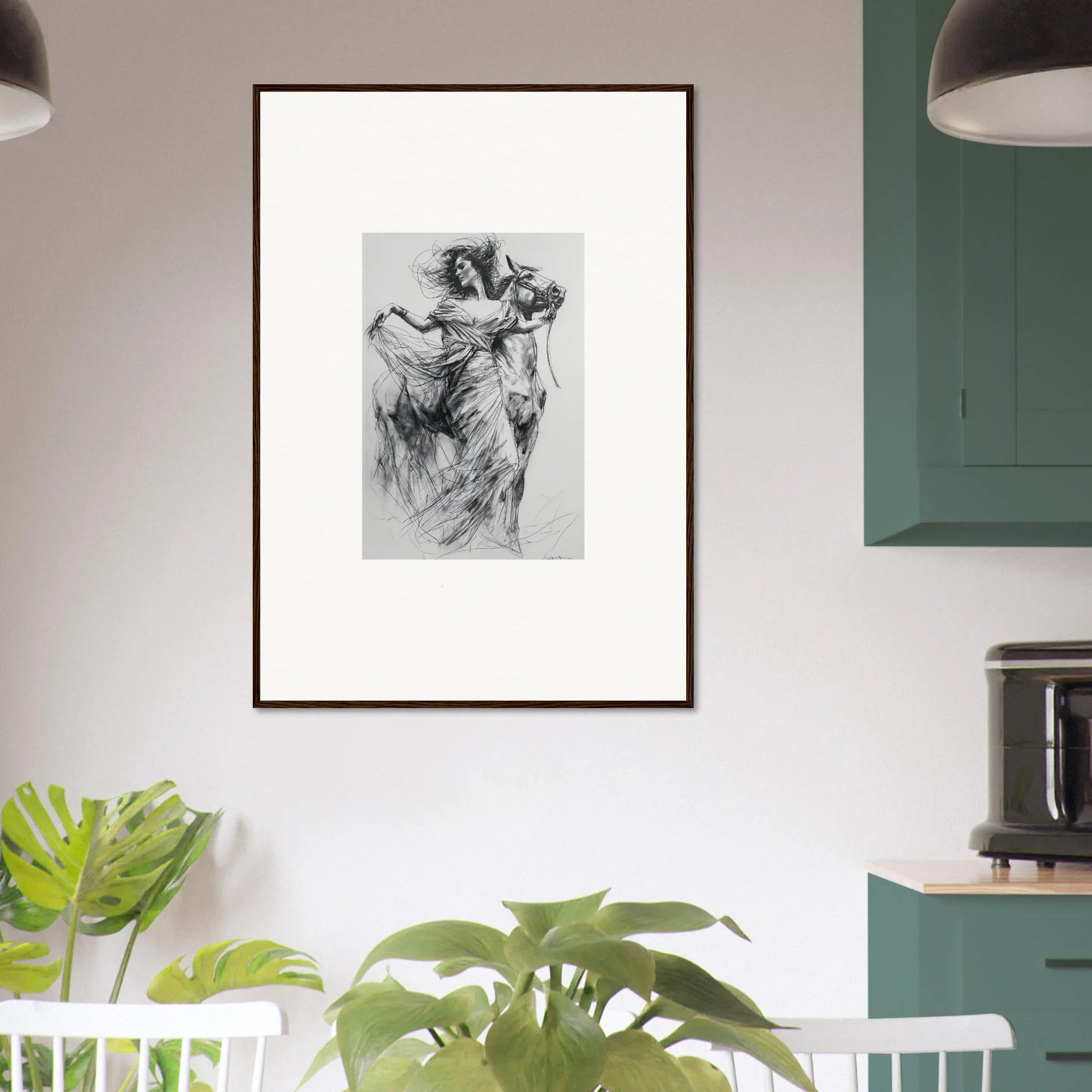 Framed black and white sketch of dancing figures for Equestrian Ether Euphoria art