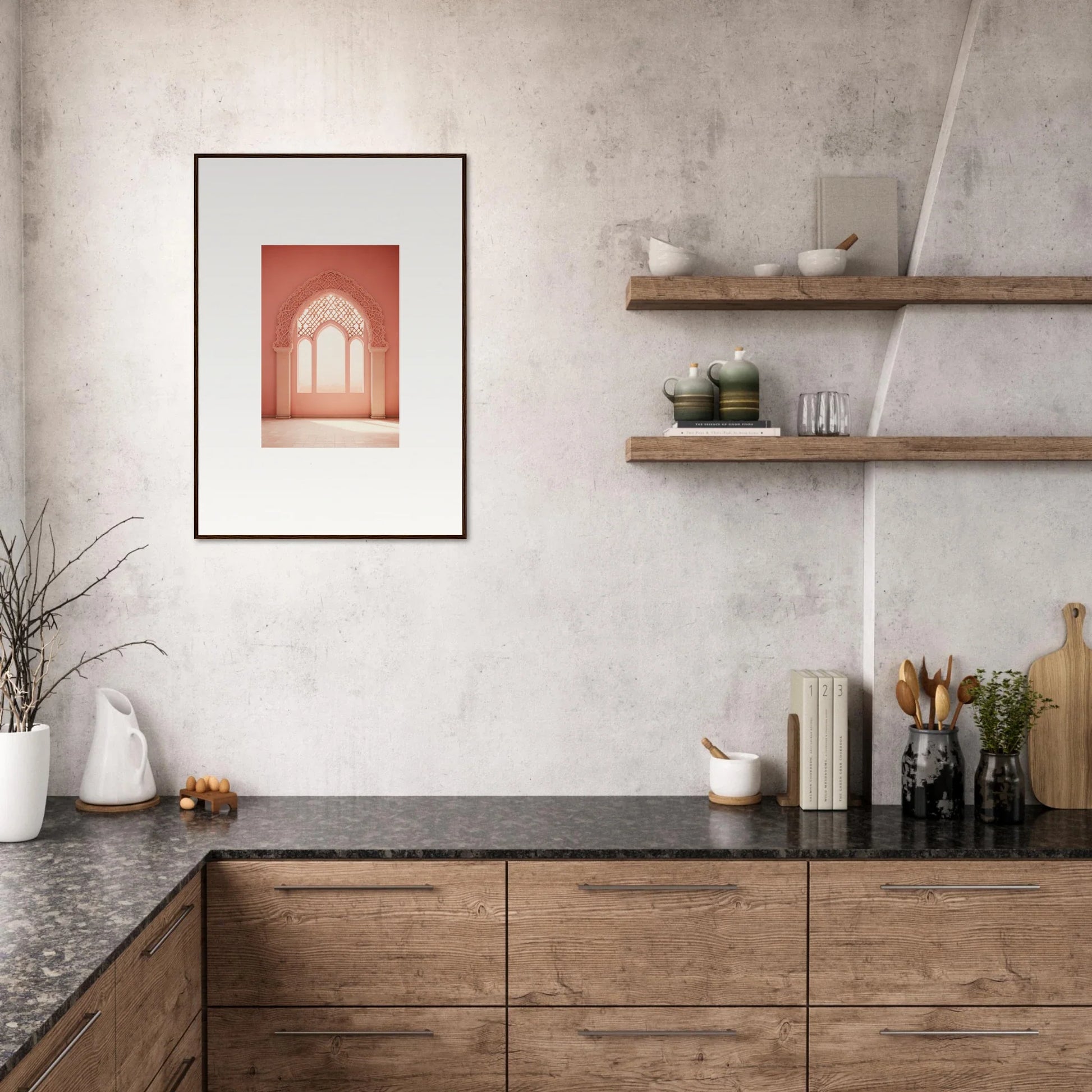 Modern kitchen with wooden cabinets and dark stone countertops in Versaille Sunset Reimagined