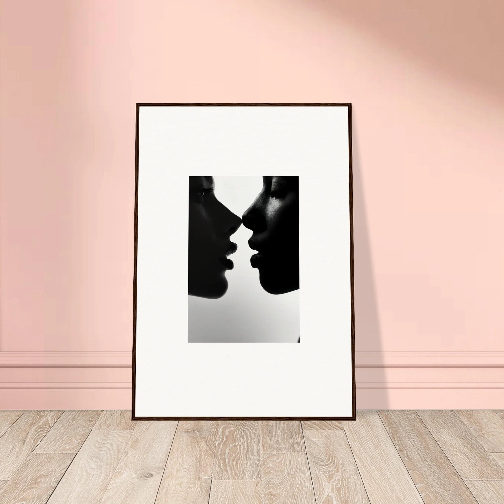 Black and white framed wall art of two silhouettes about to kiss in Narcissus Mirror Haze