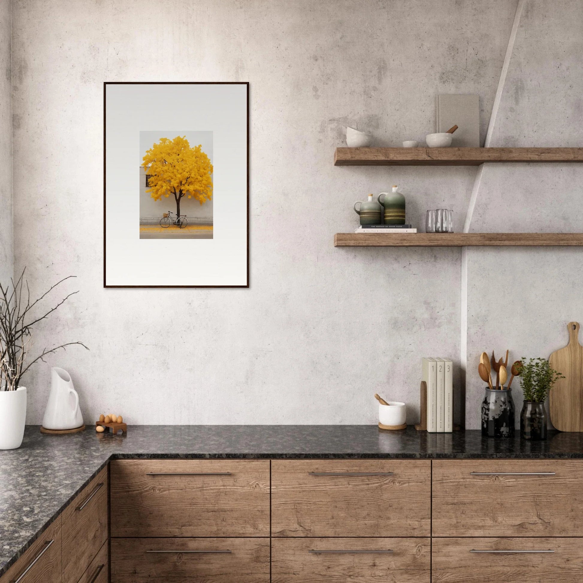 Modern kitchen with wooden cabinets, dark countertops, and framed Lemonade Gaze Reverie art