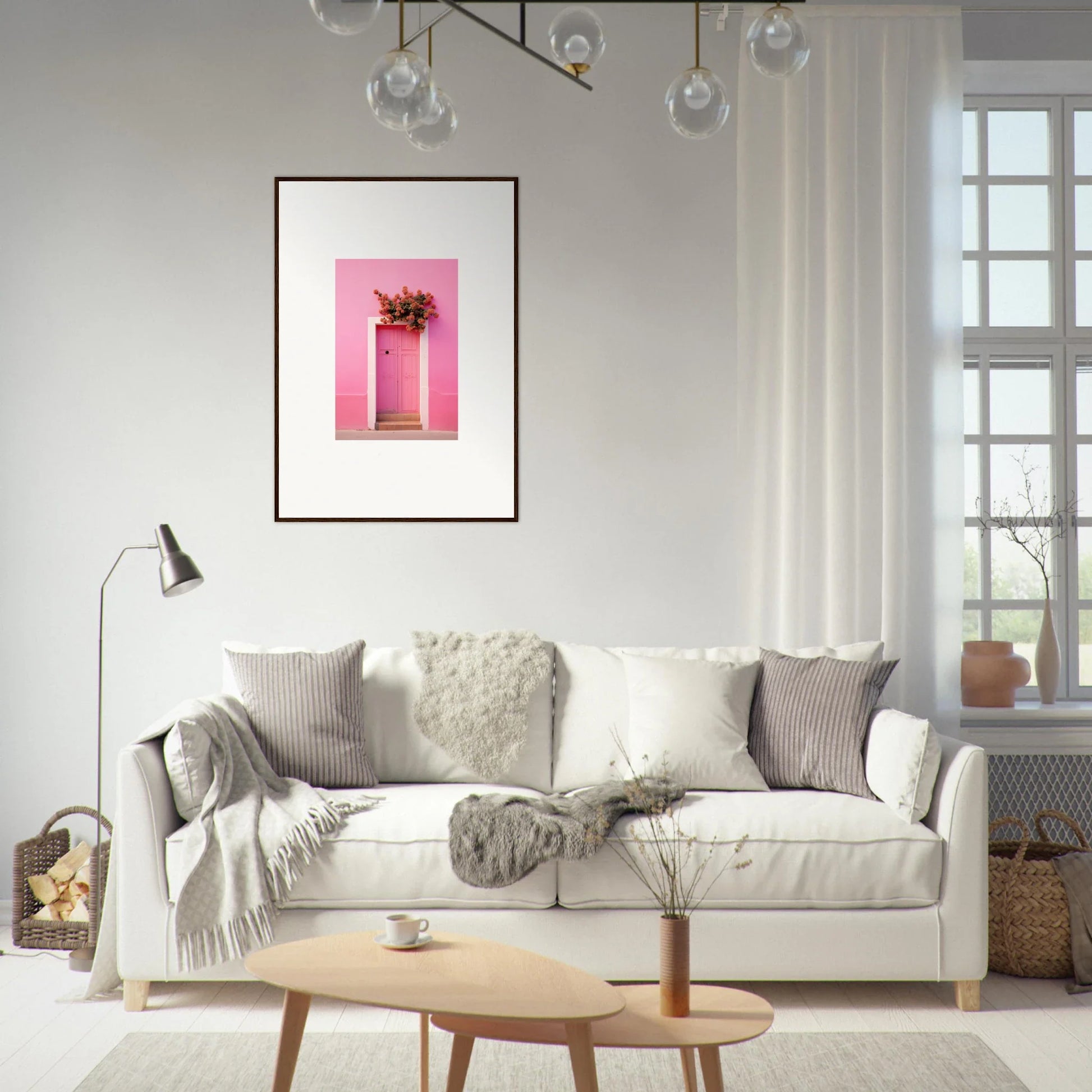 Cozy White Sofa with Gray and Cream Pillows for Quantum Pink Serenade Framed Wall Art