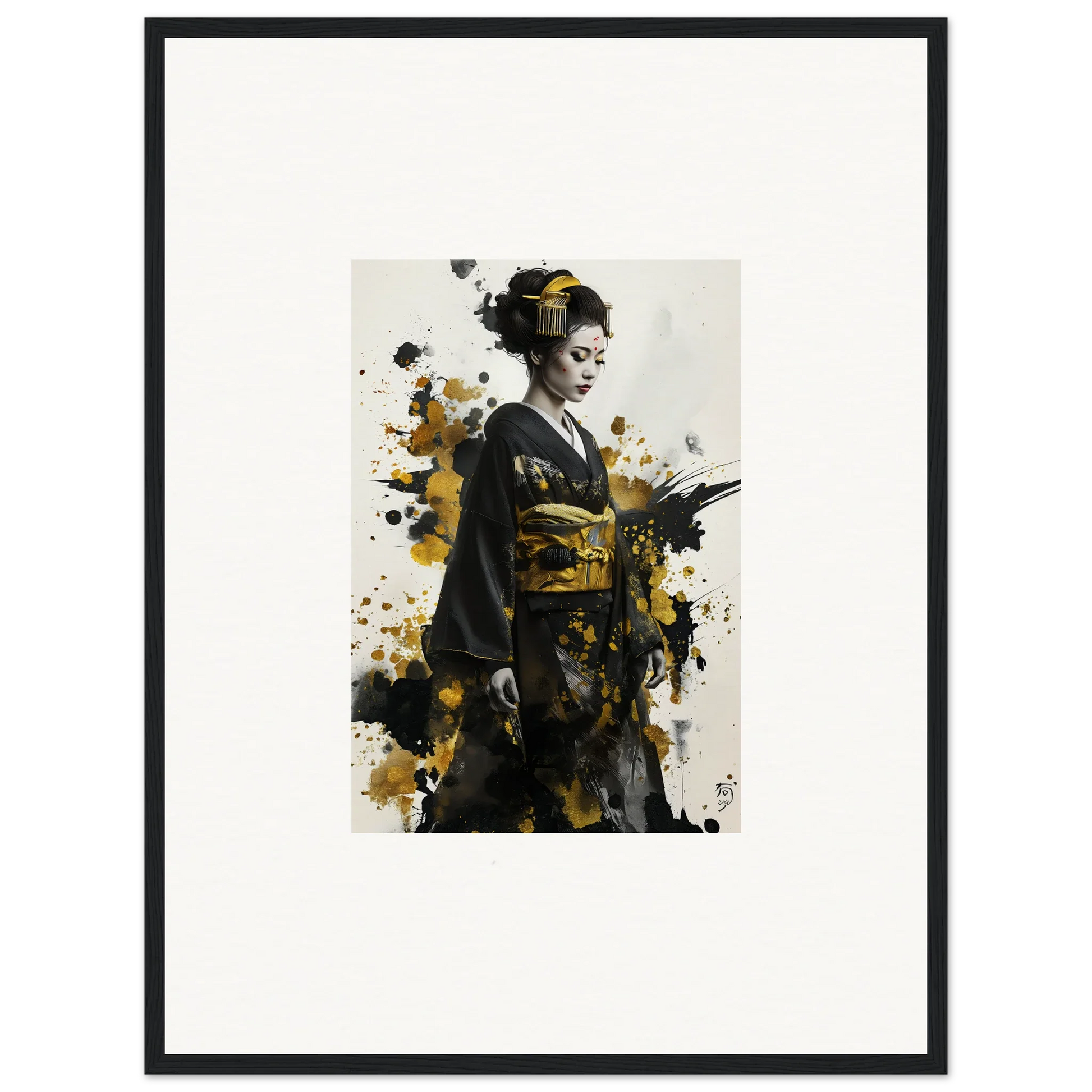 Artistic portrait of a geisha in traditional kimono with gold splatter for Send of Echoes special edition art™