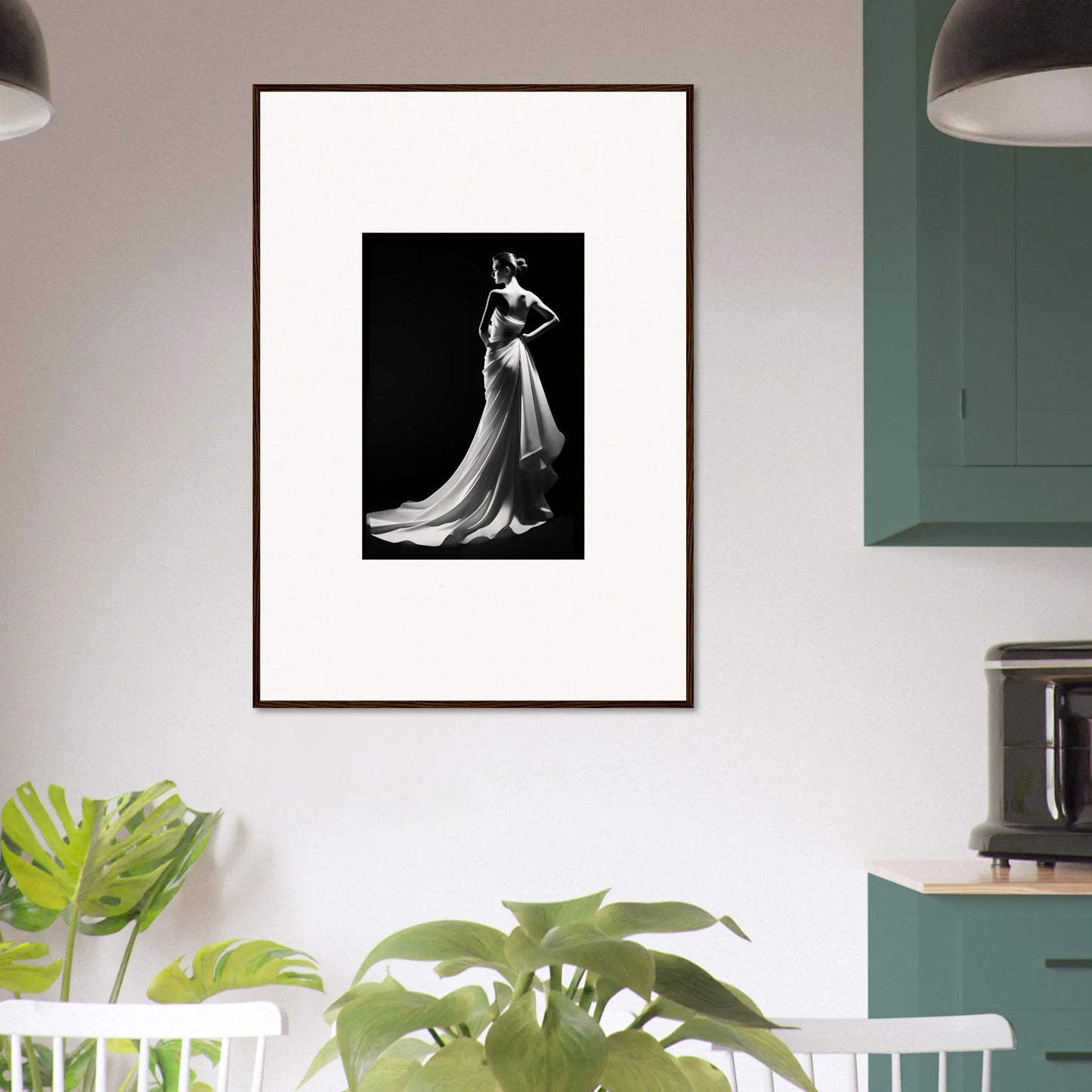 Framed black and white photo of a figure showcasing ephemeral grayscale elegance