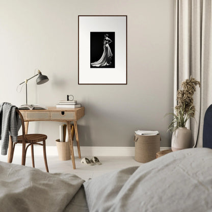 Minimalist bedroom workspace with wooden desk and lamp in Ephemeral Grayscale Elegance