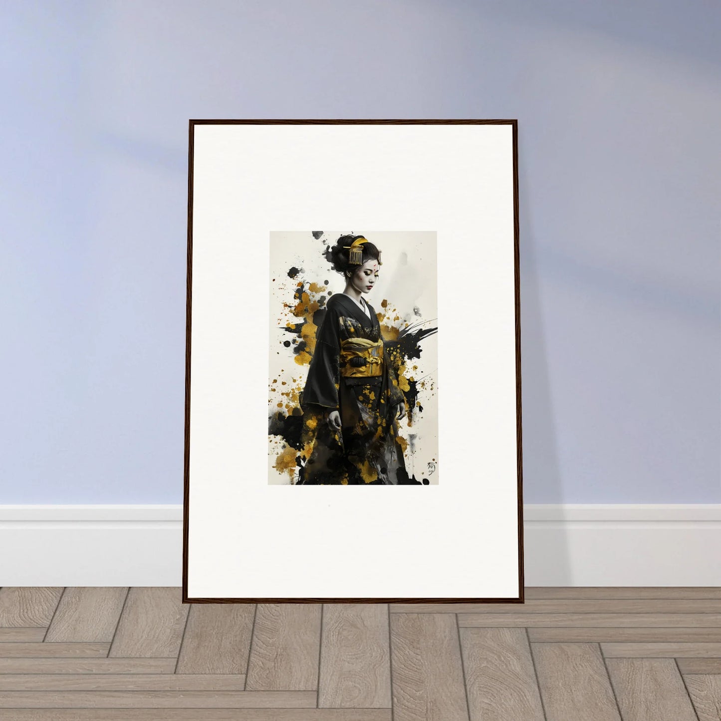 Framed artwork of a figure in kimono with splatter effects for Eclipsed Ukiyo Symphony