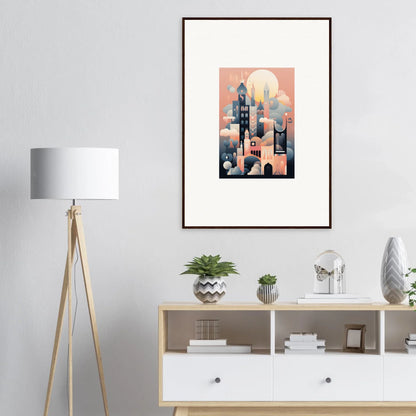 Framed art print of Ephemeral Castle Whispers with coral and blue abstract cityscape