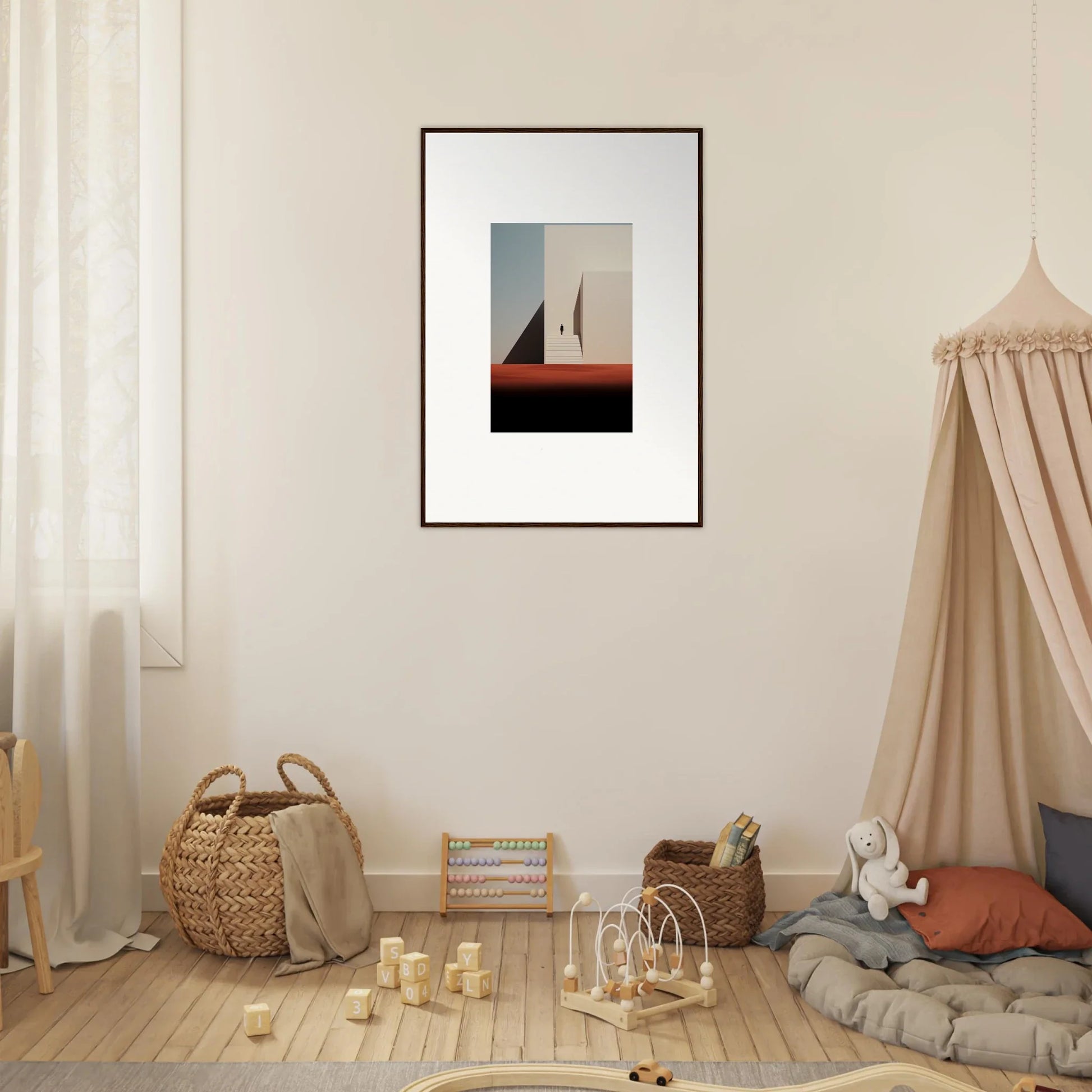 Framed minimalist art of silhouettes at sunset in Sombra Espérante Architecture style