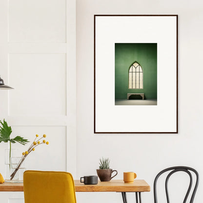 Framed Evermind Greenthaum art print of a gothic church window with a bench