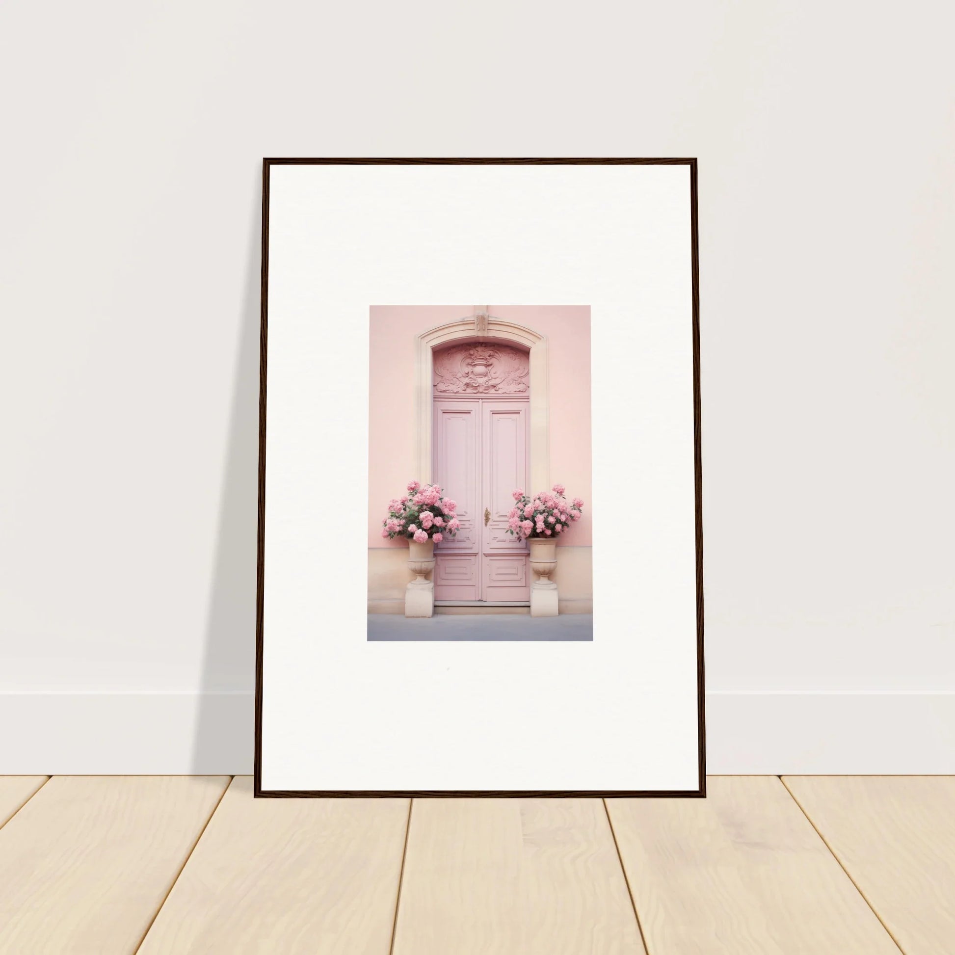 Framed wall art of a pink door with floral window boxes in Rosy Cosmos Gateway