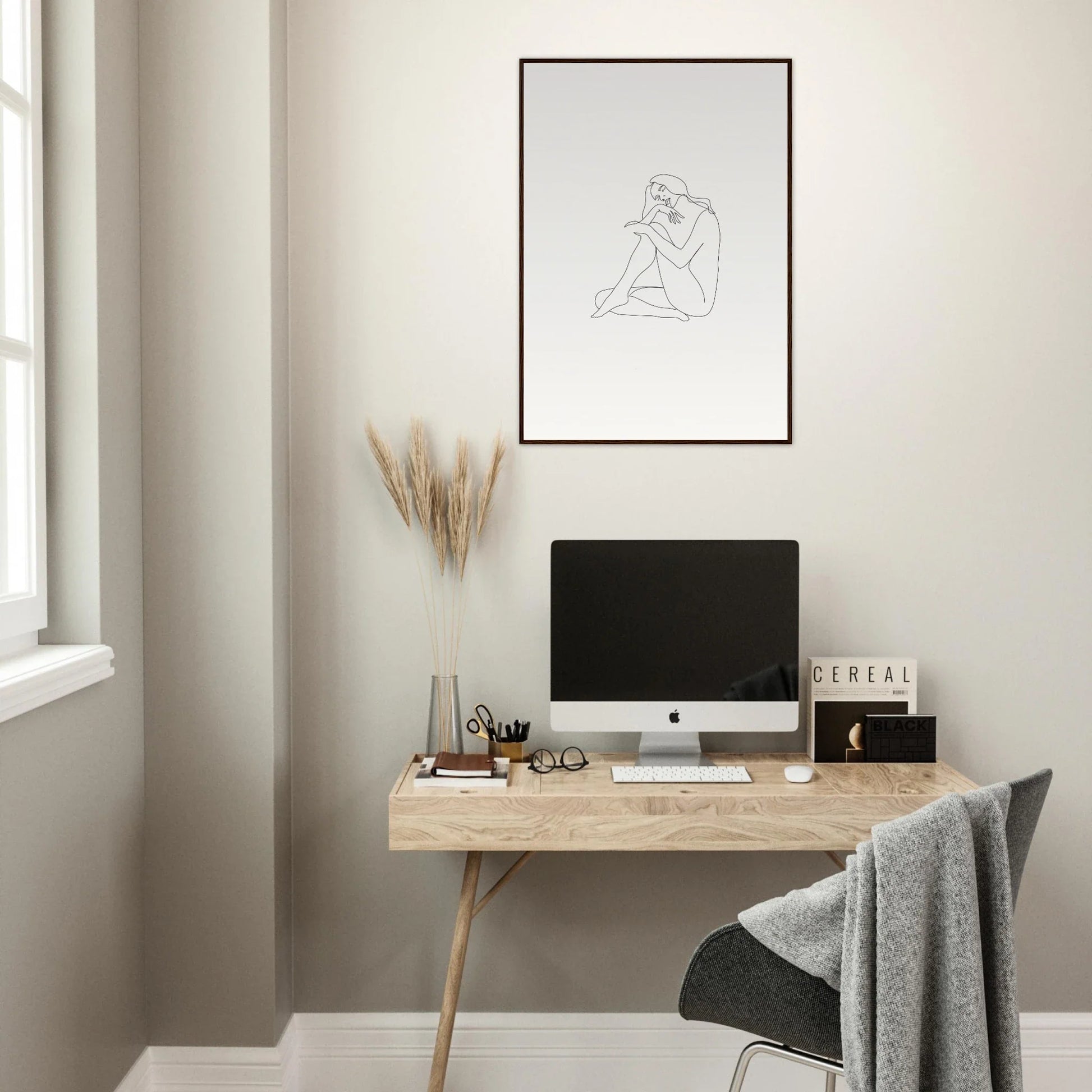 Minimalist wooden desk with iMac and decor featuring Mindful Dream Tangles art