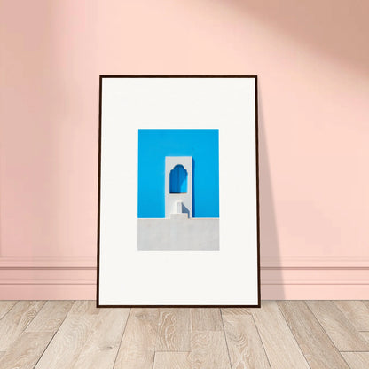 Framed minimalist art print showcasing Oikos Cerulean Aperturearches with a bright blue doorway