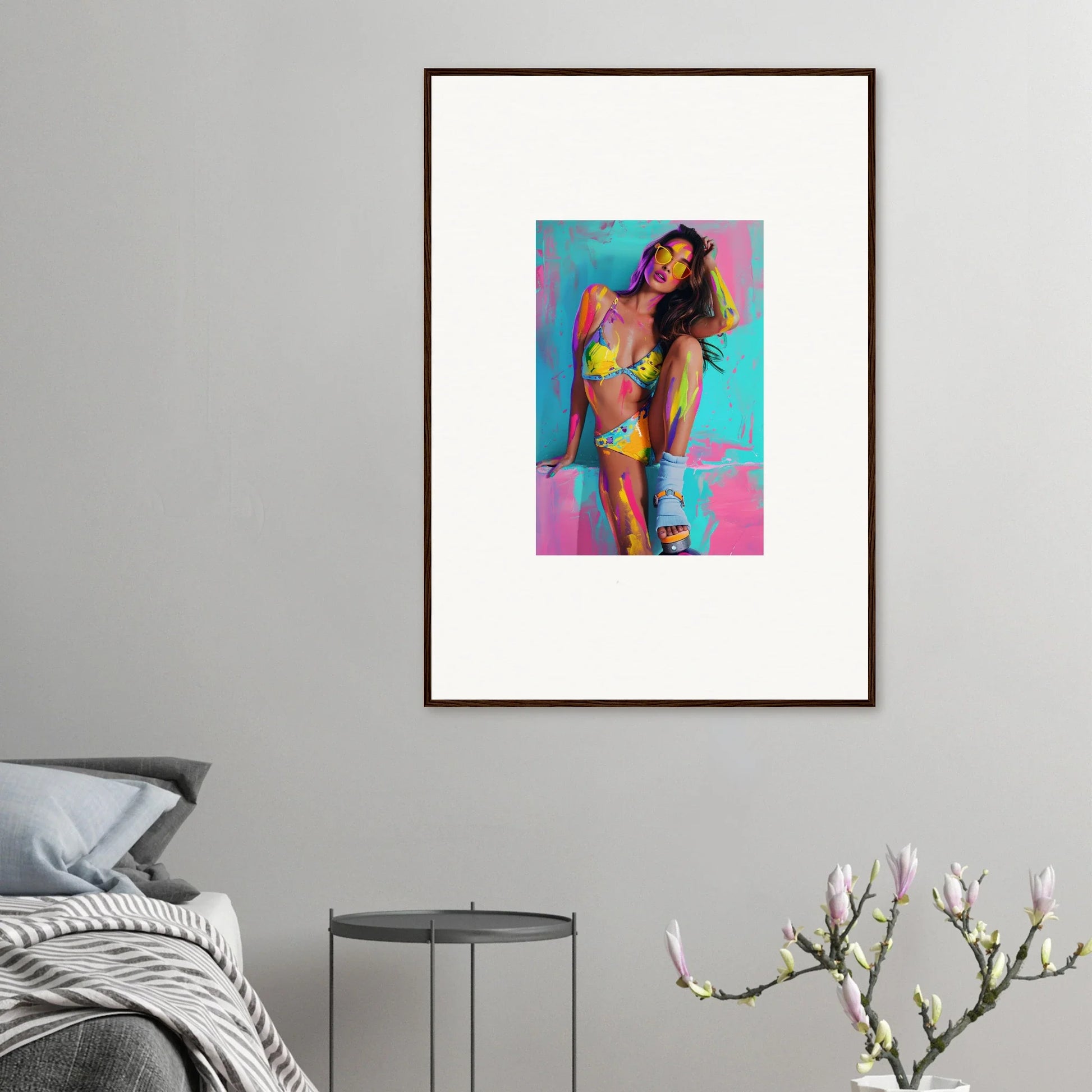 Colorful canvas print of a woman in swimwear for lively room decoration wall art