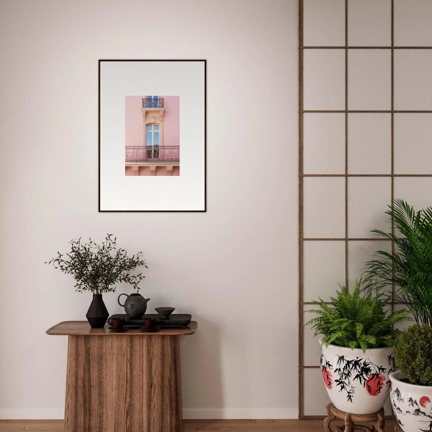 Framed wall art of a pink building with blue window, featuring Dusky Dream Balustrade