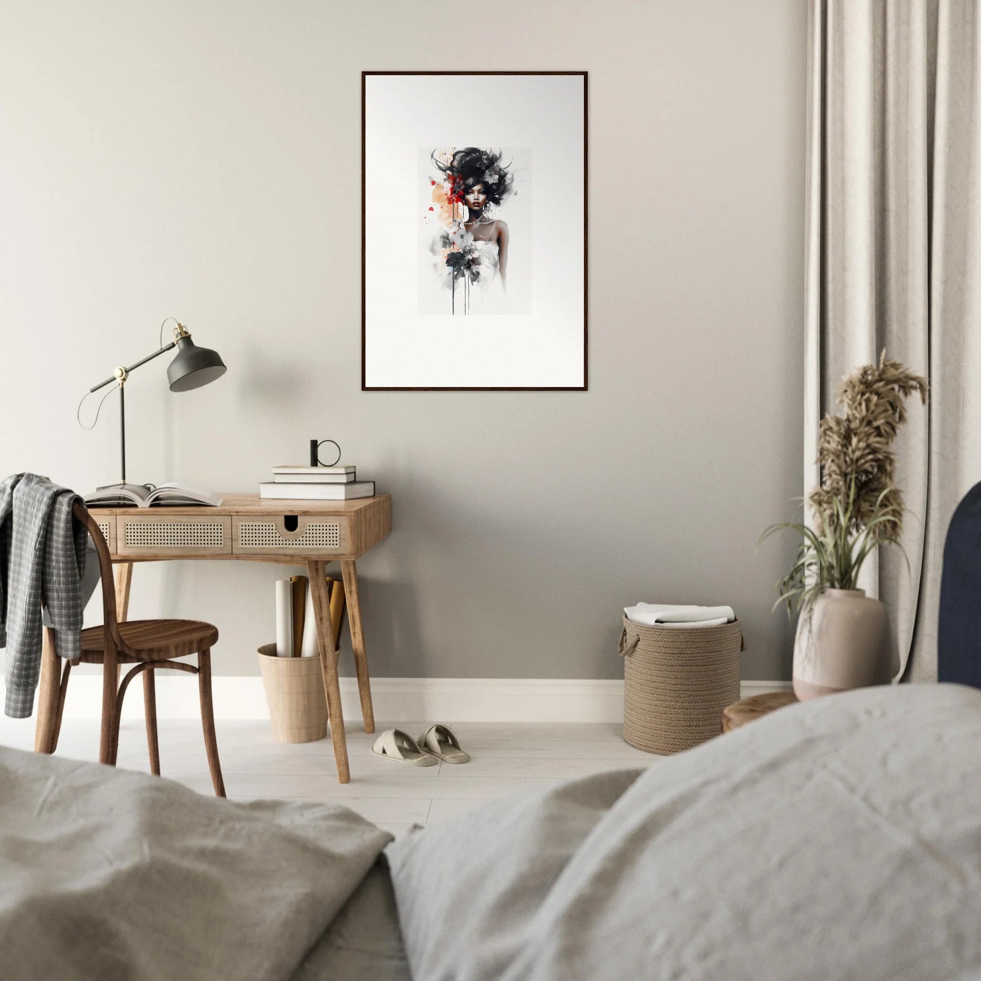 Minimalist bedroom workspace featuring a wooden desk and lamp from Plume Sultry Reverie