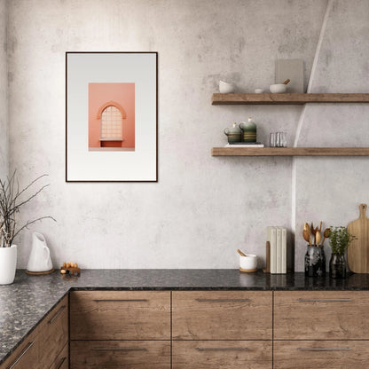 Modern kitchen with wooden cabinets and dark stone counters, featuring Windows Morning Whisper art