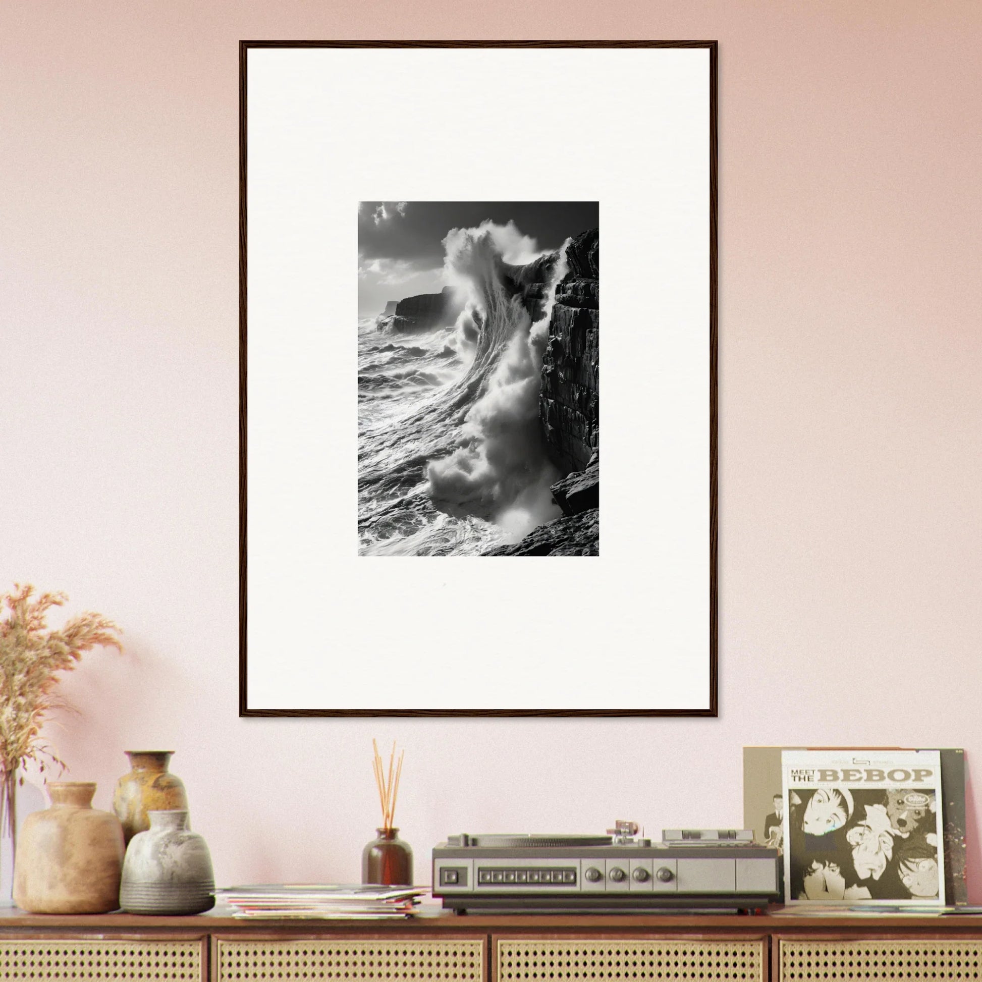 Framed black and white photo of ocean wave in Tidal Curved Reality special edition art™