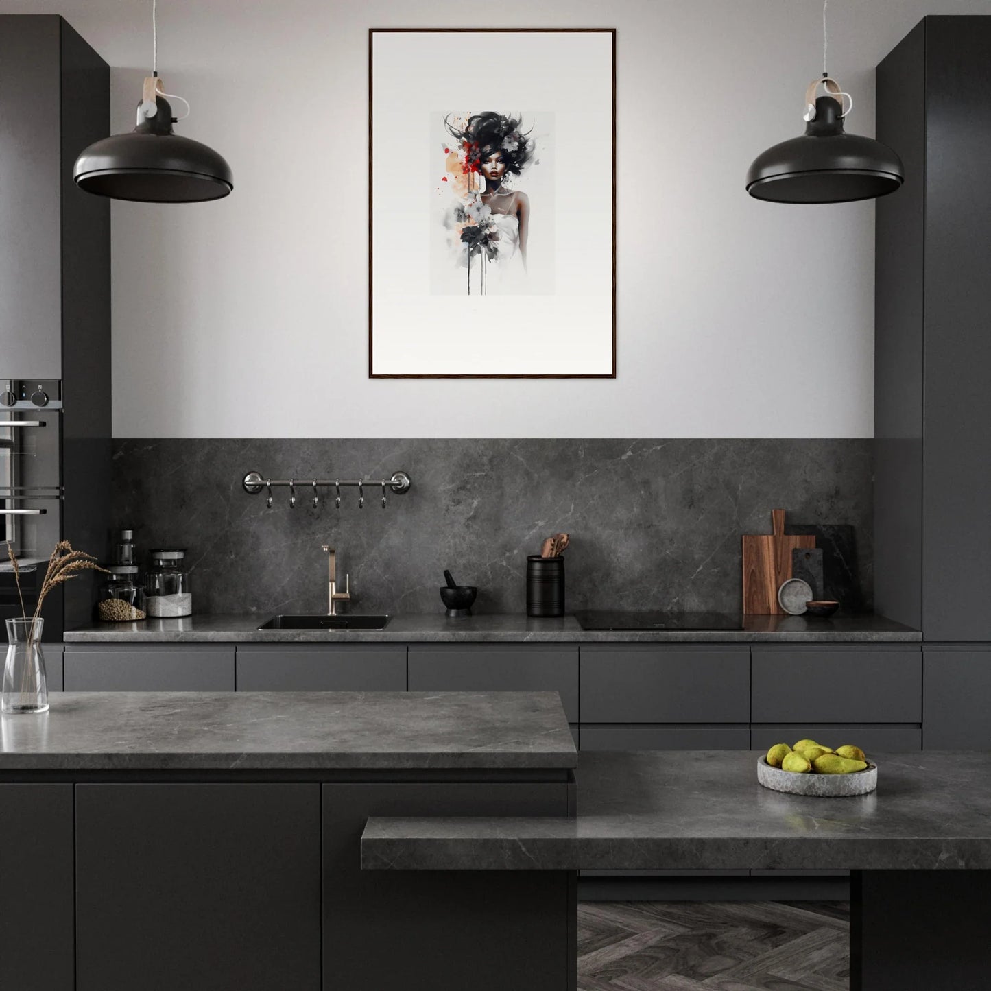 Modern dark gray kitchen showcasing Plume Sultry Reverie with black pendant lights