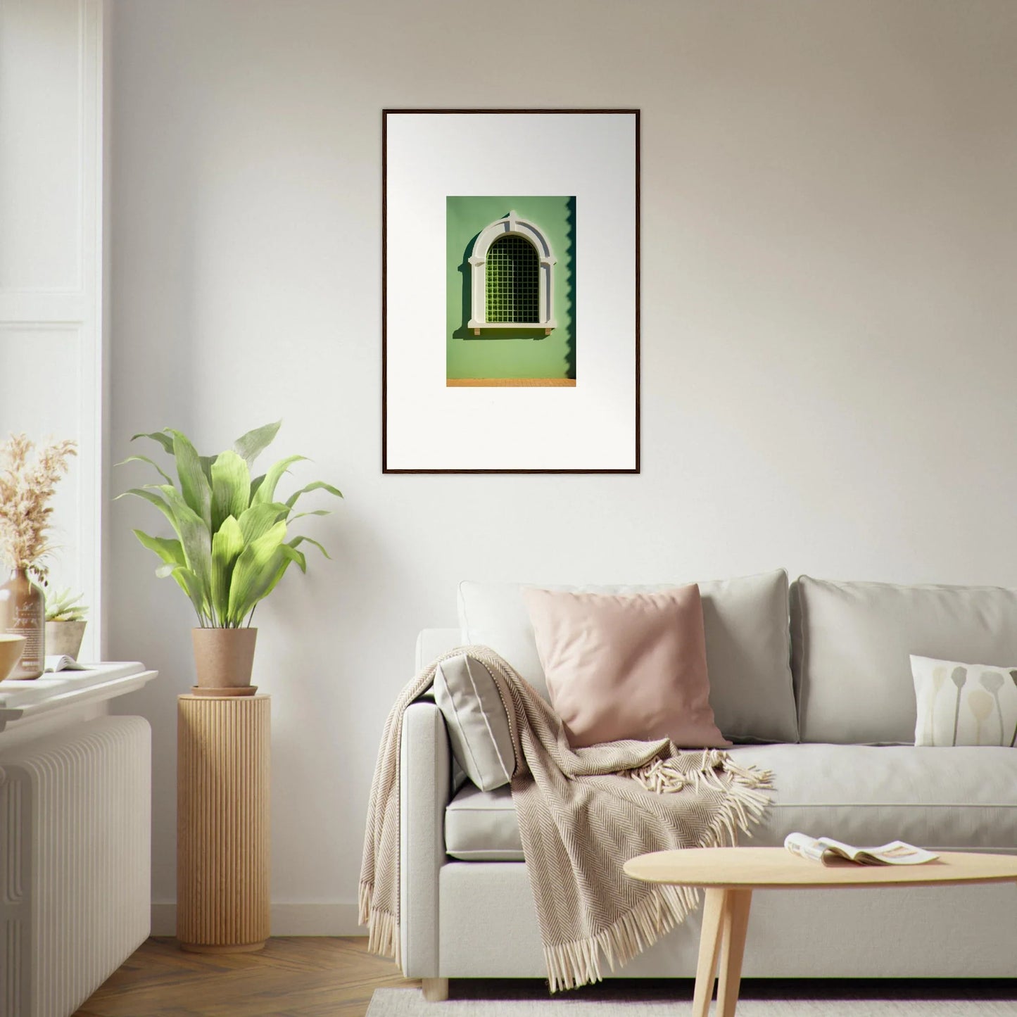 Framed photo of a green arched window on a white wall from Visible Equilibrium Window