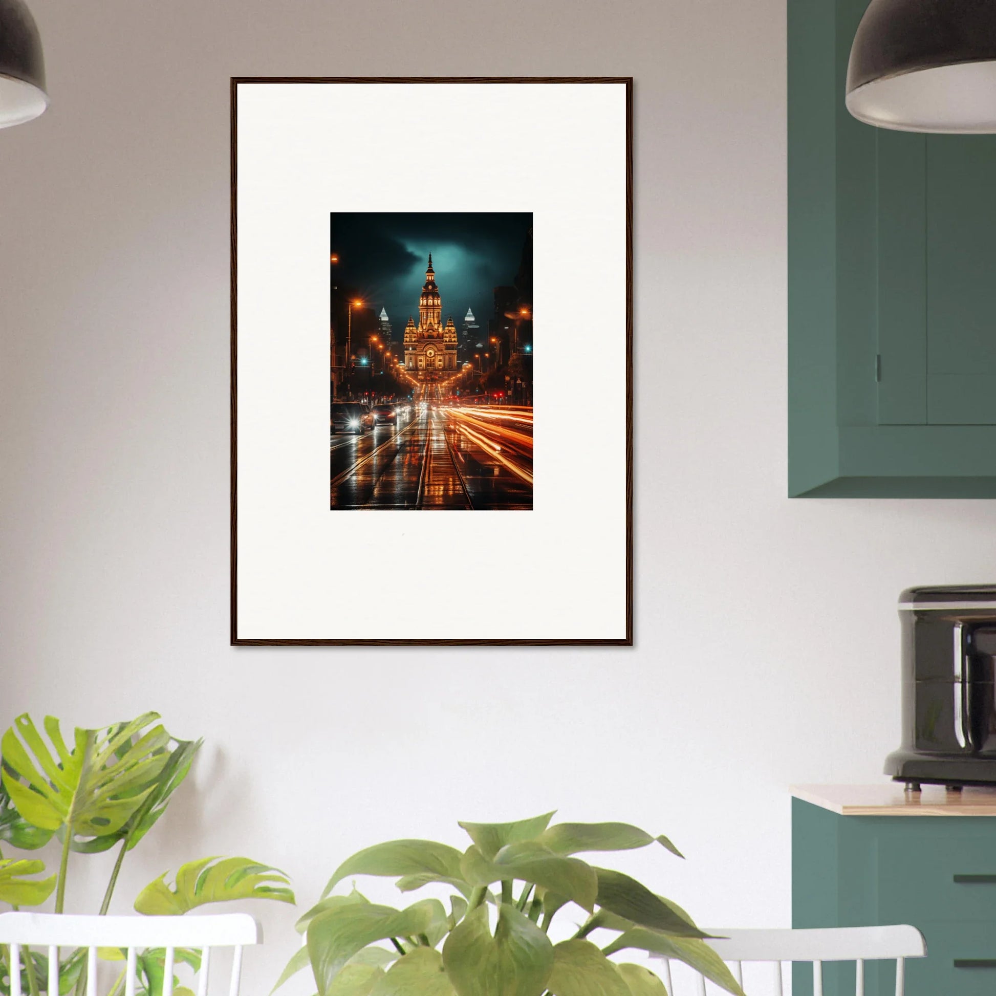 Framed wall art of Radiant Urban Reverie featuring a lit church and glowing traffic trails