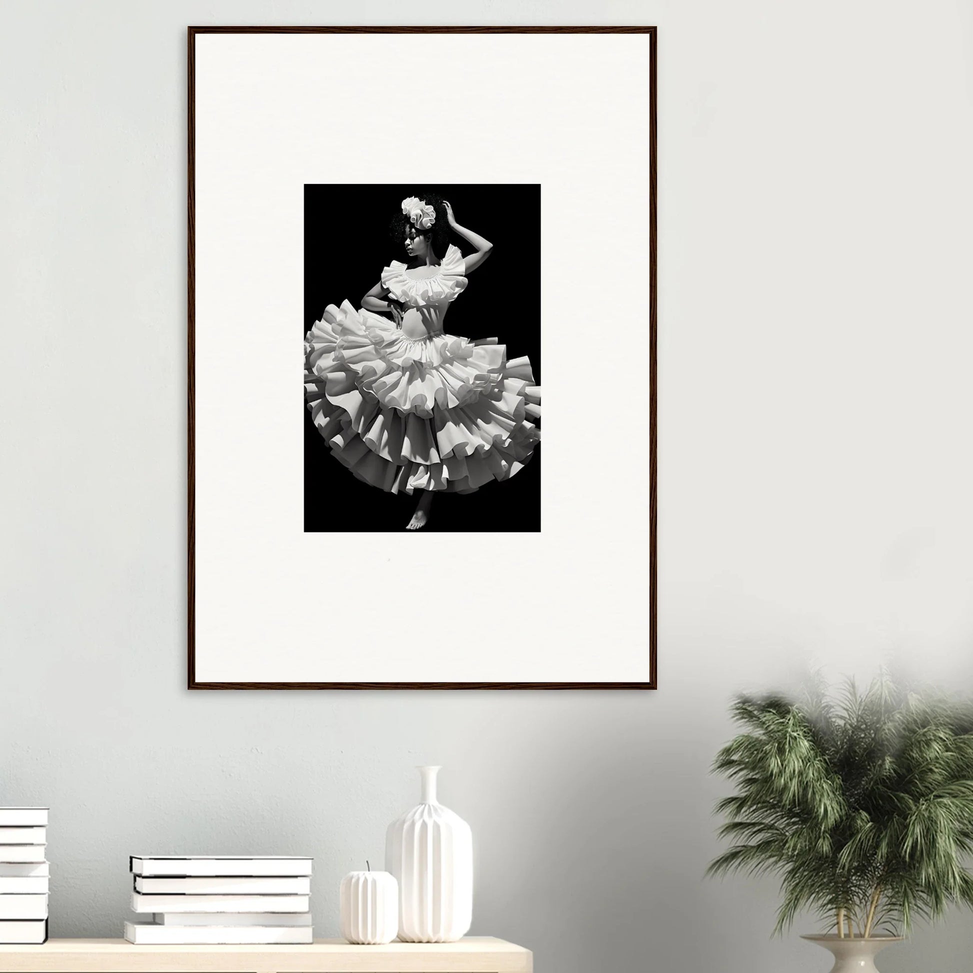 Framed black and white photo of a dancer in Curves Dreamscape Illuminated art piece